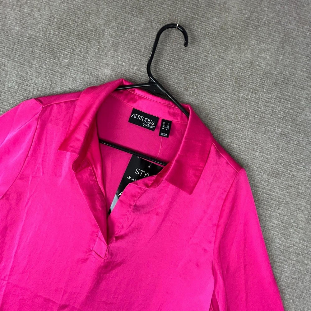 Attitudes by Renee Washed Poly Silk Collared Shirt Womens 8 Pink 3/4 Sleeve